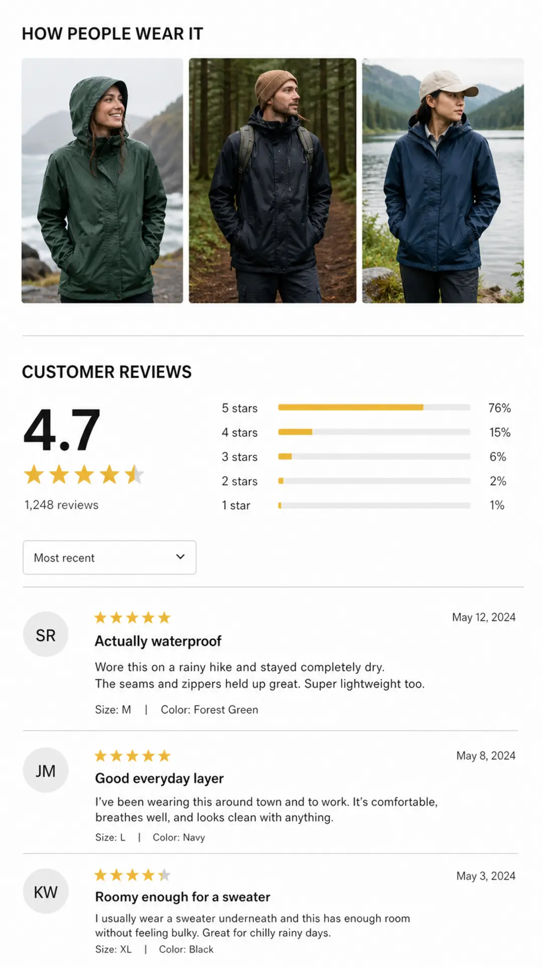 Generic ecommerce page bottom with customer photos and product reviews