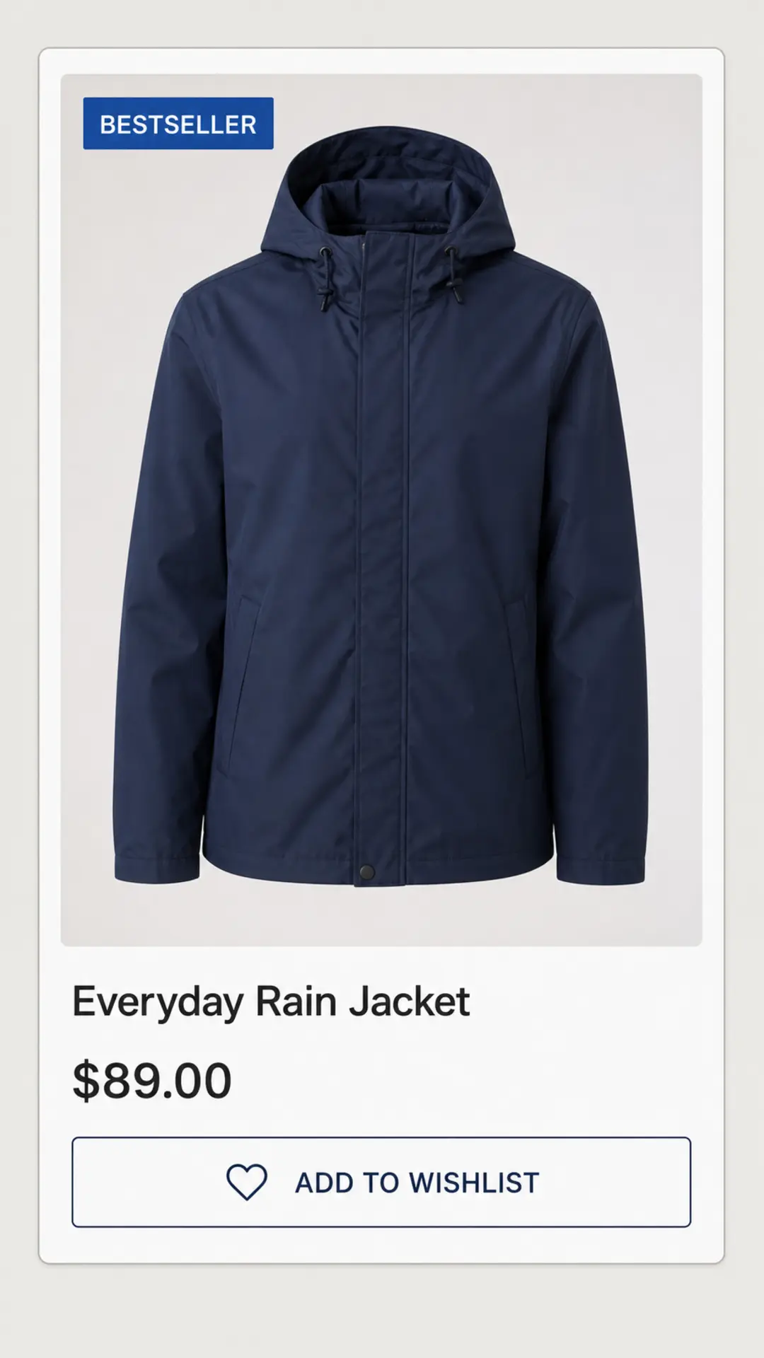 Generic rain jacket product card with a Bestseller badge and Add to wishlist button