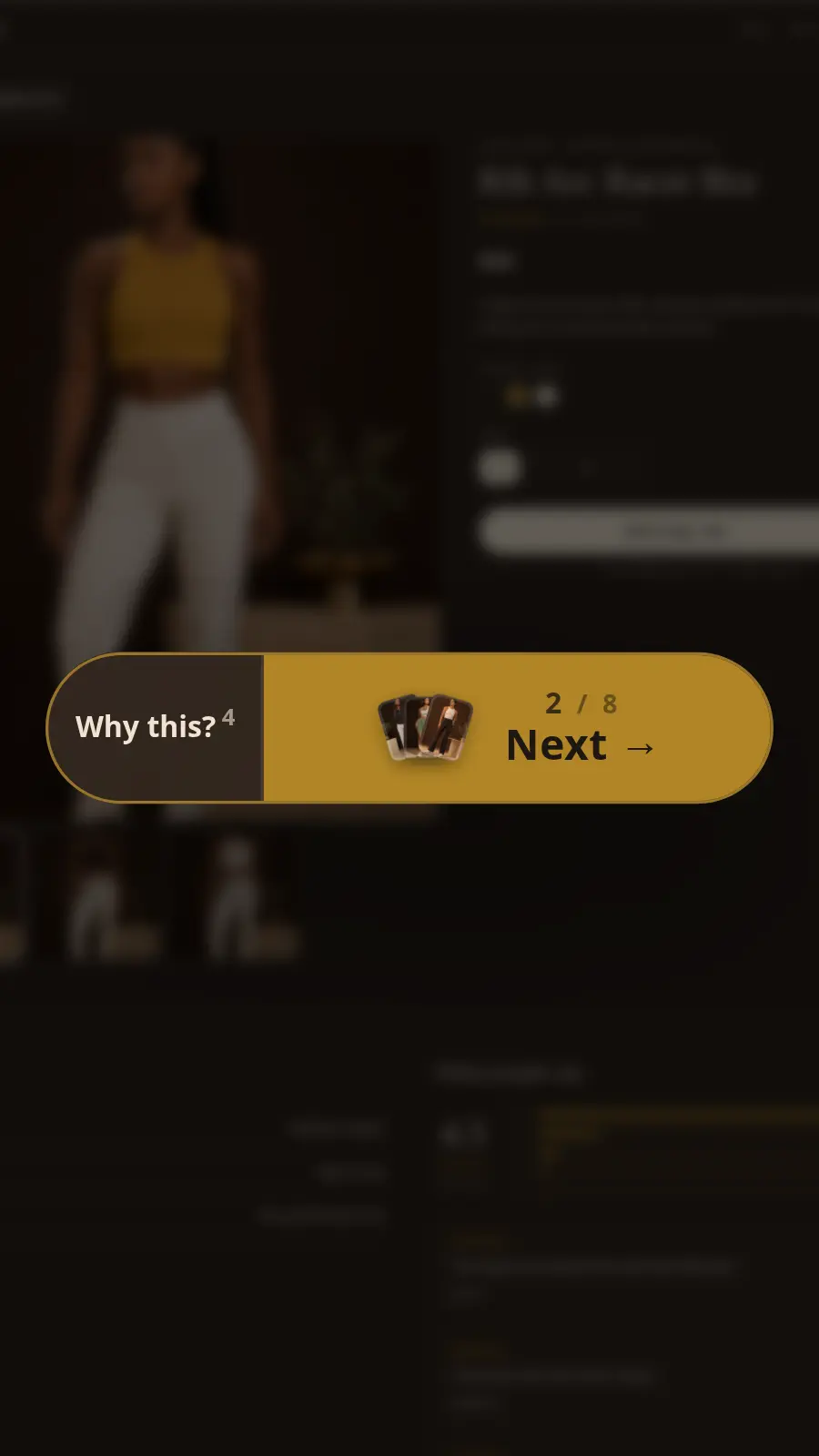 Close-up of the Hyper Hop product journey pill on product two of eight with Why this and Next controls