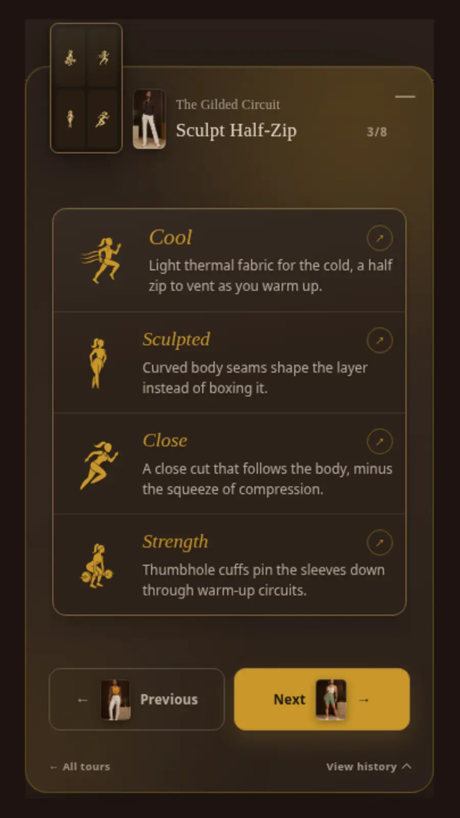 Hyper Hop Why this view on product three of eight showing goal icons, tailored explanations, Previous, and Next