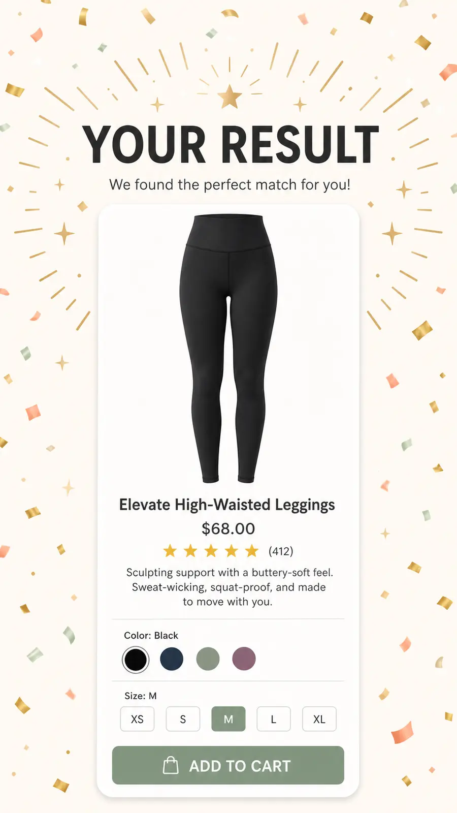 Traditional clothing quiz result page recommending one pair of performance leggings with celebratory fanfare